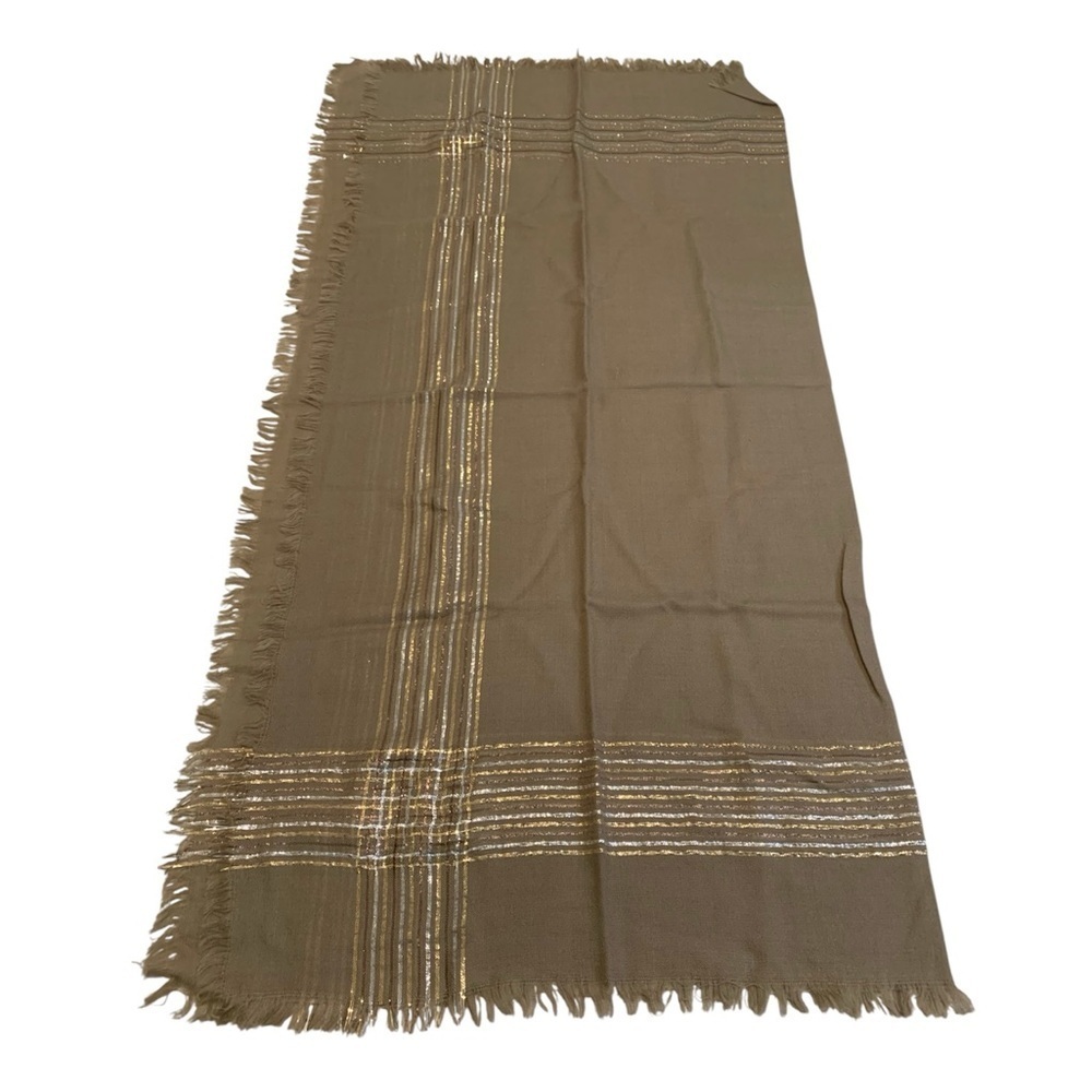 Pashmina Style Shawl Scarf | Brown Khaki Gold Silver Metallic Plaid Fringe